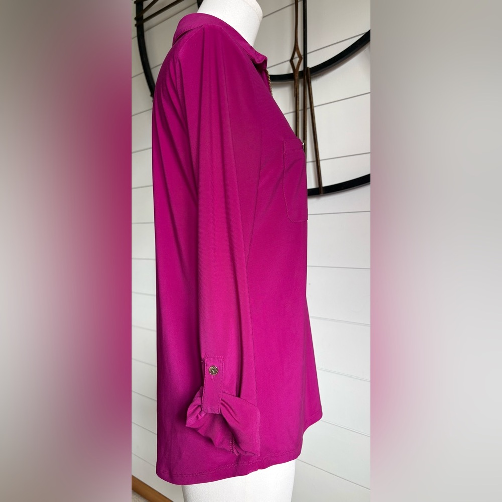 Anne Klein Magenta Half Zip Blouse w 2 Chest Pockets, Long Sleeves w Roll-Tabs - Picture 6 of 9
